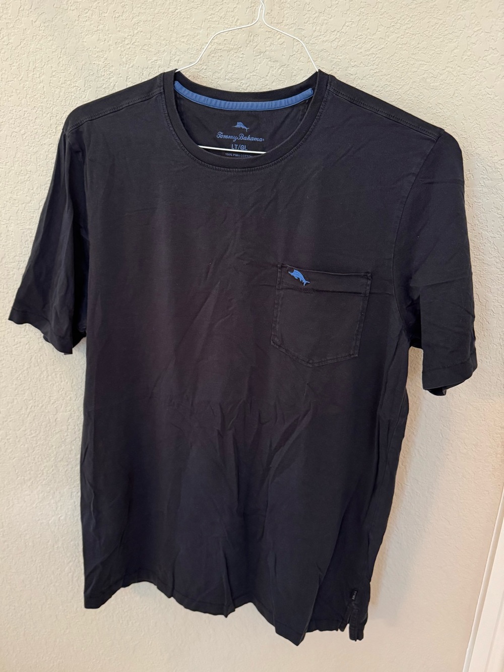 Tommy Bahama Black Crew Pocket Tee with Blue Logo Accent. Size LT